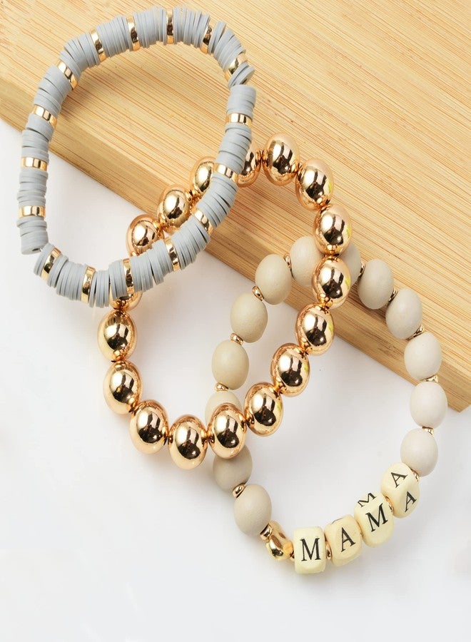 GOOJIDS Mama Bracelets For Women Chunky Stack Gold Plated Layered Beaded Bracelet Jewelry Birthday for Mother Gold Plated Charm Bracelets for New Mom - Image 3